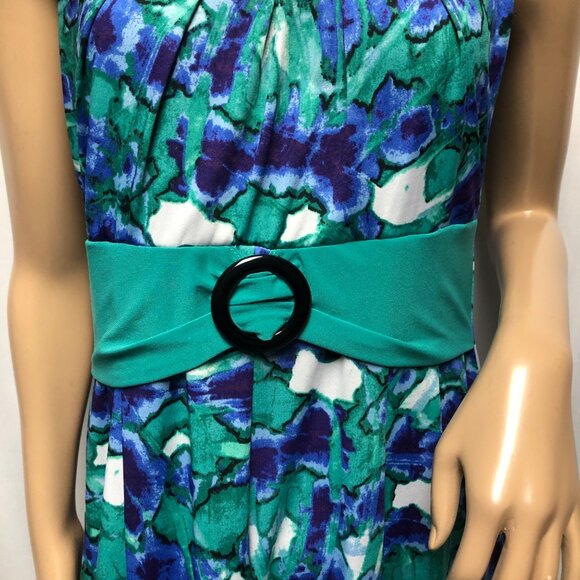 Perceptions New York Dress Womens Sz Medium Blue Green Sleeveless Floral Stretch - Picture 3 of 9